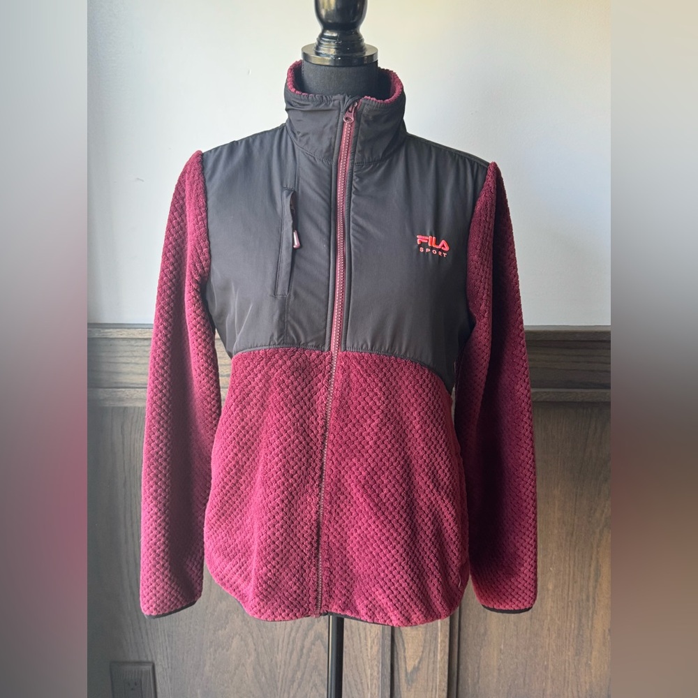 Fila Sport Women’s Maroon Full Zip Fleece Bottom/sleeves  Jacket Size M